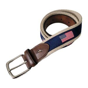 Nautica Belt 34/35 Men's American Flag Woven Red White Blue Leather Ends